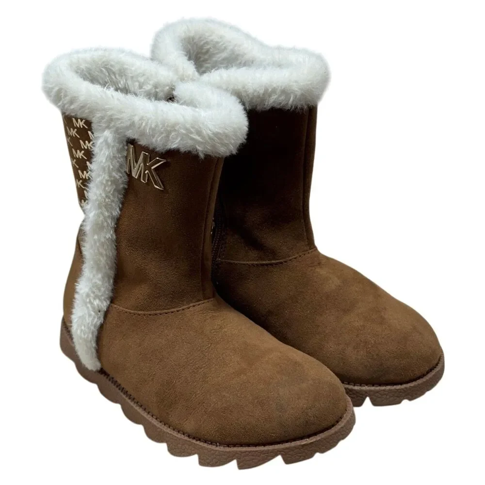 Michael Kors MK Girls Faux Fur Boots Brown Logo Winter Boot Size 1